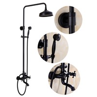 Bathroom Black Antique Brass Shower Column Shower Set Wall Mounted 8&amp;amp;quot; Rainfall Shower Mixer Tap Faucet 3-functions Mixer Valve