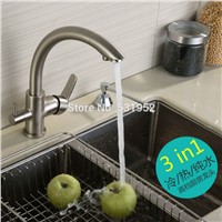 High Quality Solid Brass Brushed Nickel Kitchen Faucet Tri Flow Filtered Sink Mixer 3 Way Sink Water Tap 2017 New Arriave