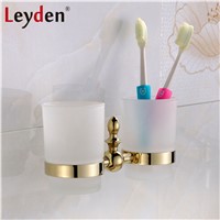 Leyden Luxury Brass Polished Gold Double Cup Tumbler Holders with Glass Cups Gold Flower Carving Gold Base Bathroom Accessories