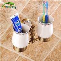 Antique Brass Bathroom Double Ceramics Cups Toothbrush Holder Bathroom Accessories Wall Mount