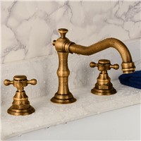 Deck Mounted Three Holes Double Handles Widespread Bathroom Sink Faucet, Antique Brass Finished