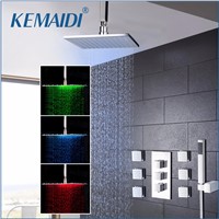 KEMAIDI New 8 Inch LED Shower Head Wall Mounted Square Style Brass Waterfall Shower Set Rainfall Bathroom Shower Kit Hand Shower