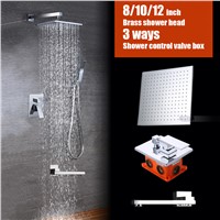 Bathroom brass wall mounted bath shower set embedded box 3 ways mixer faucet valve chrome plated 8 10 12 inch rain shower head