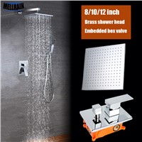 Bathroom 2 functions rainfall shower system set brass square 8 10 12 inch shower head chrome bathroom bath faucet embedded box