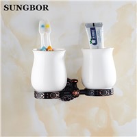 Twin Flowers Series Carving Black Brass Double Cup &amp;amp;amp; Tumbler Holders Bathroom Accessories Toothbrush Cup Holder Toilet Vanity
