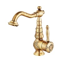 Carved Antique Copper Washbasin Faucet, Single Hole Hot And Cold Water, European Style Bathroom Basin Faucet