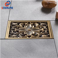 SOGNARE 10*10cm Antique Brass Art Carved Cover Square Shower Floor Drain Trap Waste Grate With Hair Strainer Deodorant BathDrain
