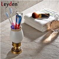 Leyden Antique Brass/ ORB Carved Flower Pattern Toothbrush Holder with Single Ceramics Copper Cup Tumbler Bathroom Accessories