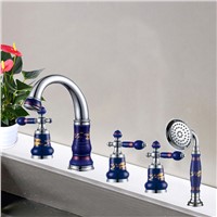 New brass Chrome and porcelain 5 pcs Deck-Mounted bathroom bathtub faucet set with shower head Tub Filler Faucet Mixer Tap