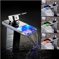 3 Colors Led Waterfall Basin Faucet. Water Power Chrome Polished Led Tap. Bathroom Deck Mounted Basin Sink Mixer Tap