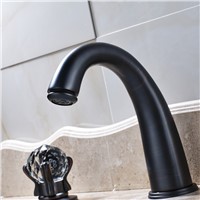 Deck Mounted Black Color Basin Tap Dual Crystal Handles Triple Holes Bathroom Mixer Faucet