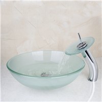 KEMAIDI Round Washbasin Lavatory Glass Sink Bath+Round Waterfall Basin Faucet Deck Mount Single Handle Brass Tap Mixer Faucet