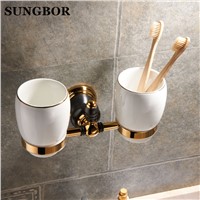 Golden brass double cup holder luxury style Golden copper toothbrush double tumbler&amp;amp;amp;cup holder wall mount bath product SJ-8102K