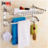 304 Stainless Steel Towel Rack Movable Bath Towel Holder Industrial Wall Shelves Foldable Bathroom Basket Shelf with Hooks 1019