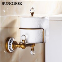 Luxury Crystal Brass Golden Paper Box Toilet Paper Holder WC Paper Holder And Hook Roll Holder Bathroom Accessories GJ-5617K