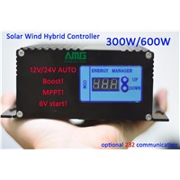 300W/600W 12V/24V auto recognizing  solar wind boost booster type mppt hybrid controller with optional 232 communication