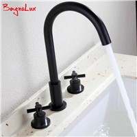 Bagnolux 100% Solid Brass Newest Simple Design Deck Mount Widespread Faucet Matt Black Bathroom Double Cross Handle Basin Tap