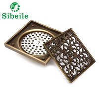 SBLE 4&#39;&#39; Antique Brass Square Flower Floor Drain Shower Waste Grate Strainer Assembly  Bathroom Shower Insert Stopper Grates