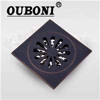 OUBONI Oil Rubbed Black Bronze Flower 5382 Modern Exquisite Carved Floor Drain 4&amp;amp;quot; Square Shape Waste Drainer Floor Drain