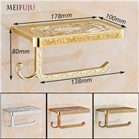 MEIFUJU Antique Carving Toilet Roll Paper Rack with Phone Shelf Bronze Wall Mounted Paper Holders Hook gold bathroom accessories
