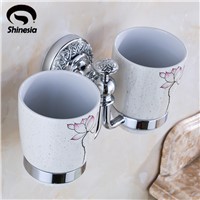 Shinesia Chrome Bathroom Toothbrush Cup Holder Double Ceramic Cups Couple Cups Solid Brass Cup Holder