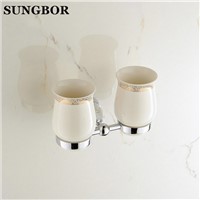 Wall Mounted Bathroom Double Ceramic Cup Holder Toothbrush Tumbler Holder Brass Gold/Rose Golden/Chrome Bathroom Holder TL-5202K
