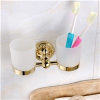 AUSWIND Classical European Brass Cup Tumbler Holders Carved Gold Double Cup Couples Wash Toothbrush Holder bathroom accessories