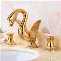 Gold Color Three Hole 3 PCS Widespread Swan Bathroom Faucet Mixer Tap Lavatory Brass Golden Basin faucet Cold Hot Water tap