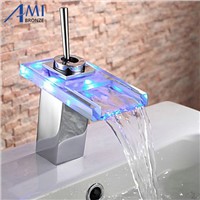 Bathroom LED RGB light with battery sink basin mixer tap chromed brass glass waterfall Faucet BF066