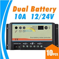 10pcs/lots 10A daul battery Solar Charge Controller duo-battery charge controller 12V 24V