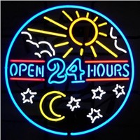 NEON SIGN open 24 hours sun moon day   REAL GLASS BEER BAR PUB  display  Light Signs Signboard  Convenience Store Shops 18*18&amp;amp;quot;