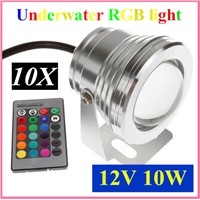 10pcs 10W 12v underwater RGB Led Light 800LM Waterproof IP68 fountain pool Lamp 16 color change with 24key IR Remote controller