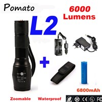 LED CREE XM-L2 Flashlight 6000lm Tactical Flashlight High Power Torch Zoomable Lantern + 1*18650 Battery+Charger+Holster Holder