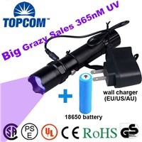 [Free ship]5W 365nm uv flashlight UV ultraviolet Rechargeable UV Flashlight Torch Anti-fake Money Detector with battery changer