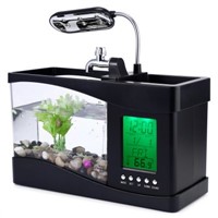 USB Desktop Electronic Aquarium Mini Fish Tank Lamp with Water Running LED Pump Light Calendar Alarm Clock