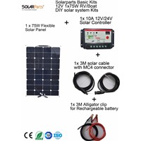 Solarparts Basic Kits 12V1x75W DIY RV/Marine Solar System Kits 75W flexible solar panel+controller+cable outdoor light led light