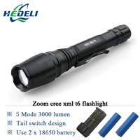 High Power Zoomable 3000 Lumen cree Xm l T6 led Flashlight  torch Lantern Lanterna Use rechargeable batteries 18650 * 2