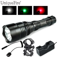 Uniquefire Powerful LED Flashlight HS-801 Cree Q5 Waterproof Lamp Torch(Green/White/Red Light)+Gun Mount+Remote Pressure+Charger