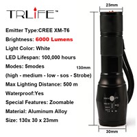 6000 Lumens Flashlight LED CREE XM-L T6 Torch Zoomable Flashlight Torch Light for 3xAAA Battery or 1x18650 Battery