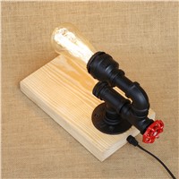 Steampunk Water Pipe Table Lamp Vintage Style Desk Light E27 wood Base Modern Antique Table Light