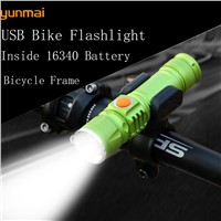 2000LM Super Bright  16340 Battery T6 LED Waterproof USB Flashlight  Pocket Rechargeable Zoom Tactical Flashlight +Bike clip