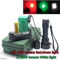 White light/green/Red zoom 5000 lumens high power LED flashlight CREE XM-L L2 Hunting flash+pressure switch/mount/battery/charge