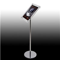 A4 Adjustable Floorstanding Silver Stainless Steel Advertising Led Light Pockets, Floor LED Signage Holders