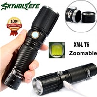 High Quality  XML T6 LED Flashlight 18650 Battery+USB Rechargeable+Side Red LED Lights