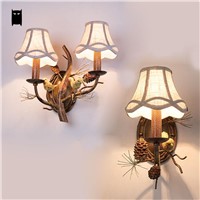 Iron Fabric Shade Resin Bird Pinecone Wall Lamp Fixutre Vintage Industrial Antique Rustic Sconce Light Bedroom Bedside Hallway