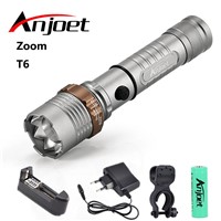 Tactical Flashlight Zoom torch waterproof XM-L T6 led 5-mode Zoomable light hunting Camp+1*18650 Battery+Charger+Bicycle Clip