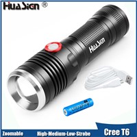Bright USB Rechargeable XML T6 Flashlight 4 Modes Led Flashlights Chargeable Waterproof Led Torch Zoomable 18650 / 26650 Light