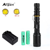 ANJOET Zoomable LED Flashlight XML T6 / L2 Torch Lighting 5 Mode 6000 LM Tactical Flashlight + Charger +18650 Battery