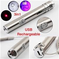 3 in1 500LM Mini Aluminium Alloy USB Rechargeable LED Laser &amp;amp;amp; UV Torch Pen &amp;amp;amp; Flashlight Multifunction Lamp --M25