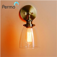 PERMO Vintage Antique Bronze Clear Glass Lampshade Wall Lamp Metal Wall Sconce Lights E27 loft Light Fixture Christmas Lights